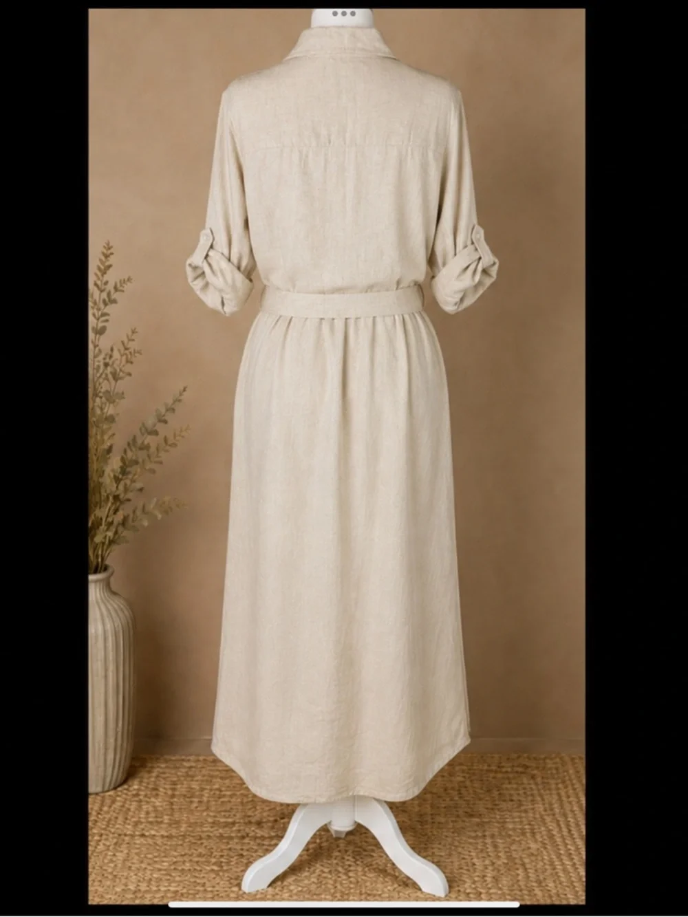 Natural Linen Coastal Maxi Shirtdress Belted Button Front Pockets S/P
